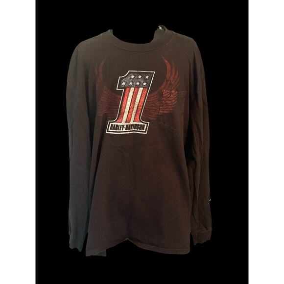 Harley Davidson Men’s 2XL Long Sleeve Black T Shirt With #1 American Flag Design - Picture 1 of 8